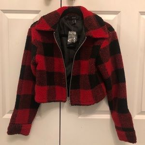 Women’s Black and Red Plaid Sherpa Coat, Size S